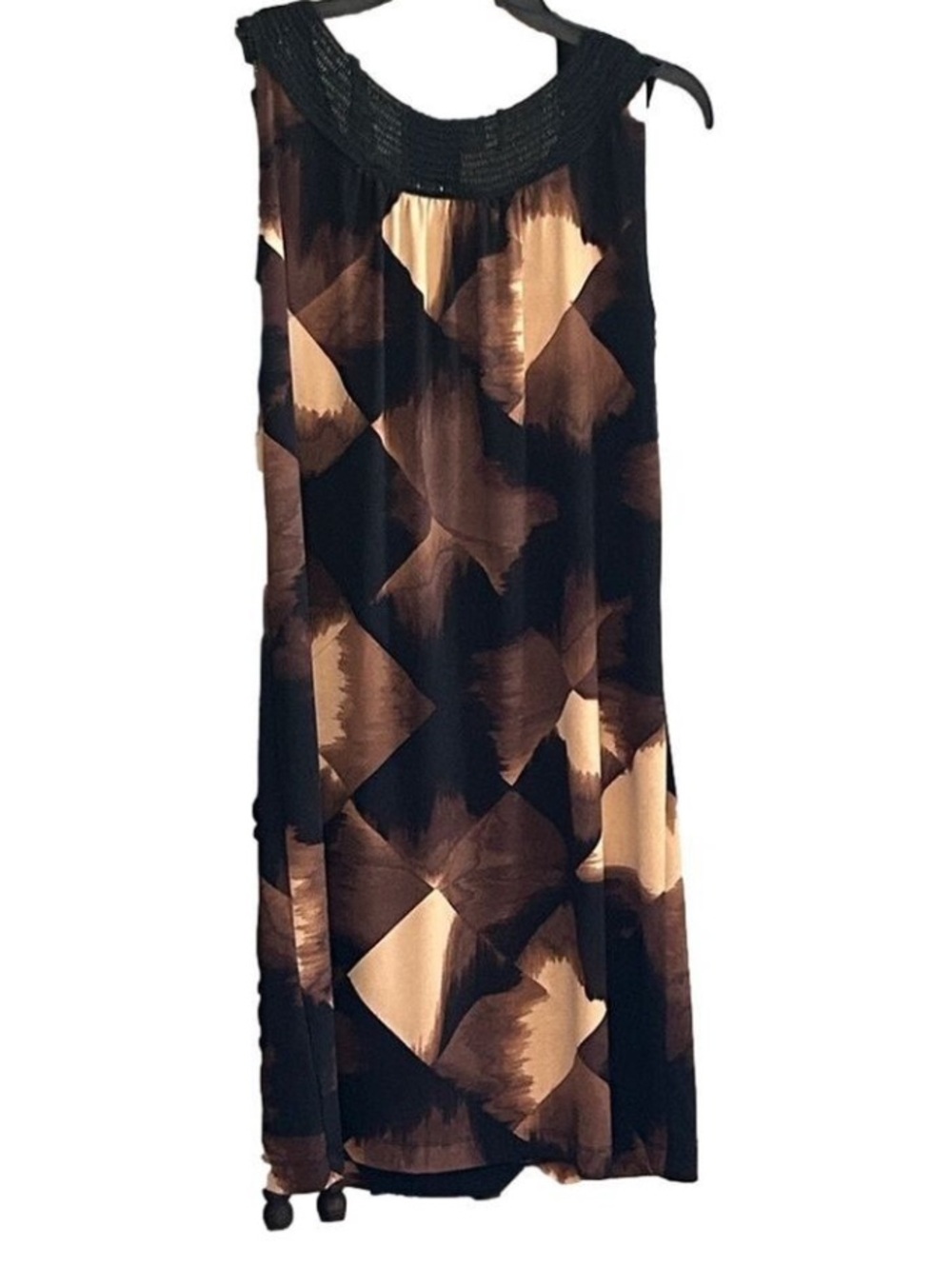 Abstract Tan + Brown Dress Black Crochet Neckline Embellishment Design Size M